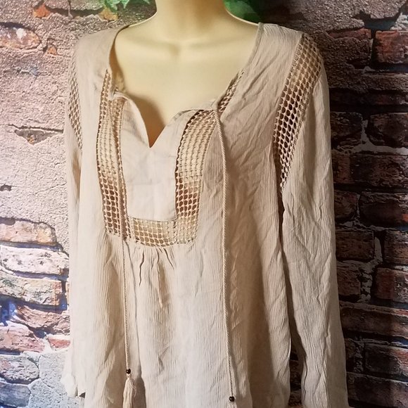 Jos. A. Bank Tops - Boho Tan Crochet Detail Tassel Tie Front Blouse
